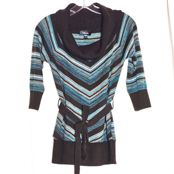 Iz Byer Brown & Turquoise Stripe 3/4 Sleeve Belted Cowl Neck Casual Knit Sweater - Picture 1 of 7